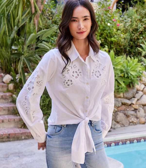 Embroidered Tie Front Top